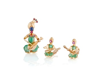 A Vintage 14K Gold and Gem-Set Brooch and Earring Set