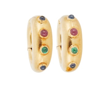 David Webb: A Pair of 18K Gold, Ruby, Emerald and Sapphire Earrings