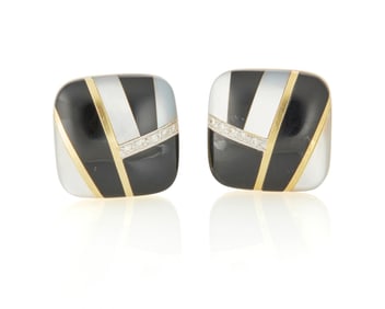 A Pair of 14K Gold, Mother-of-Pearl and Onyx Earrings