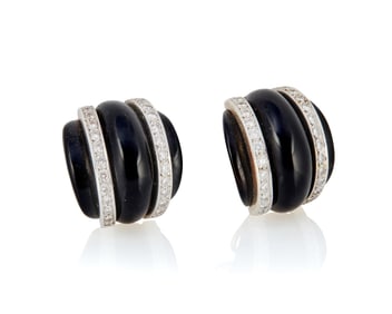 MAZ: A Pair of 14K Gold, Onyx and Diamond Earclips
