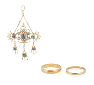 Two Gold Rings and a Sapphire and Seed Pearl Pendant