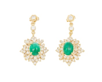 A Pair of 14K Gold, Emerald and Diamond Earrings