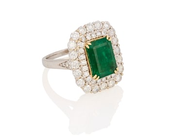 A 14K Gold, Emerald and Diamond Ring