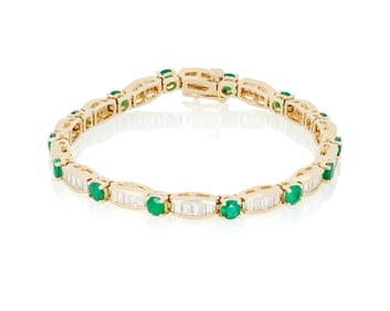 A 14K Gold, Emerald and Diamond Bracelet