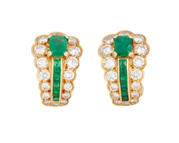 A Pair of Gold, Emerald and Diamond Earrings