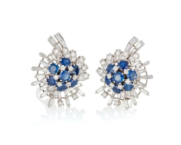 A Pair of Platinum, Sapphire and Diamond Earclips