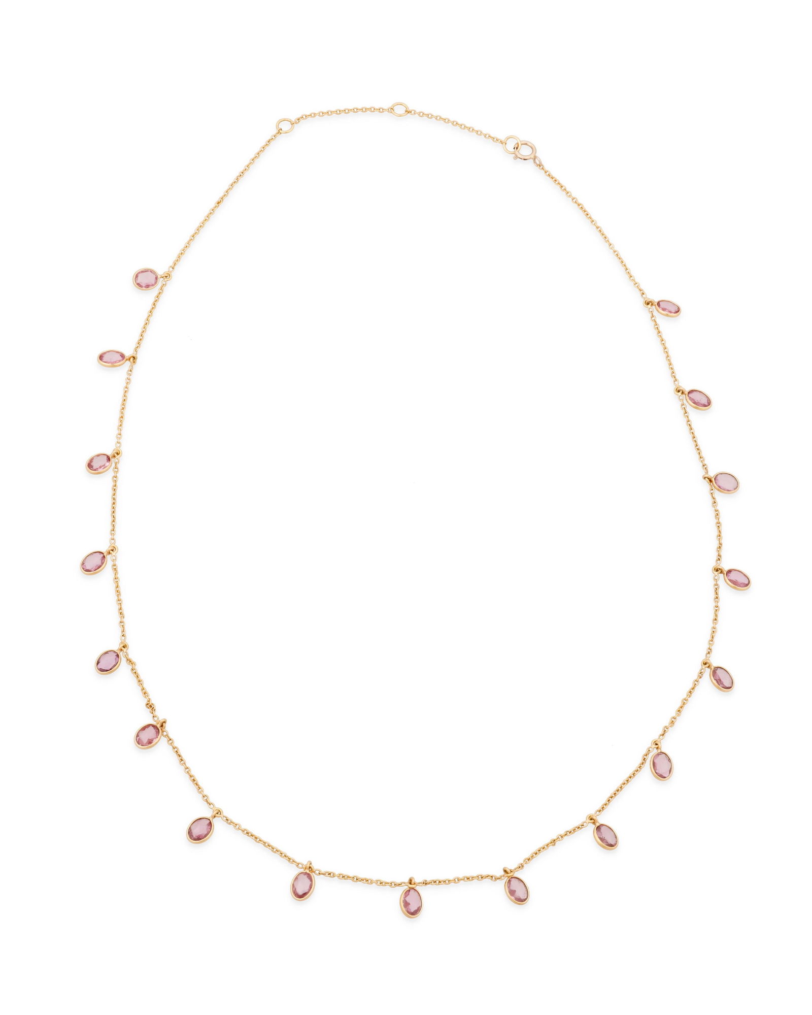 An 18K Gold and Pink Sapphire Necklace: An 18K Gold and Pink Sapphire NecklaceFeaturing oval pink sapphire stations weighing approximately 5.58 caratsLength: 18 1/2 in.4.81 grams gross
