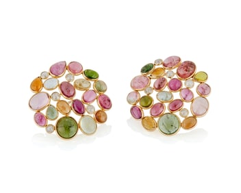 A Pair of 18K Gold, Tourmaline and Diamond Earrings