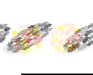 A Pair of 18K Gold, Tourmaline and Diamond Earrings: A Pair of 18K Gold, Tourmaline and Diamond EarringsFeaturing multi-colored oval tourmaline cabochons weighing approximately 30.00 carats, accented by rose-cut diamonds2 piecesMeasures: 1 1/2 in.12.4 g