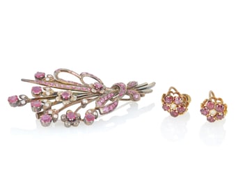 A Ruby and Diamond Brooch and Earring Group
