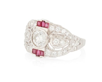 An 18K White Gold, Diamond and Ruby Ring