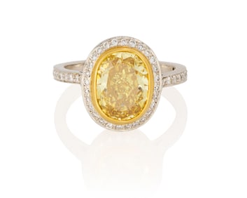 A Platinum, 18K Gold, Fancy Deep Brownish Yellow Diamond and Diamond Ring