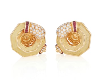 Chaumet: A Pair of 18K Gold, Diamond and Ruby Earrings