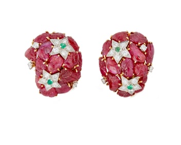 A Pair of 18K Gold, Ruby and Diamond Earclips