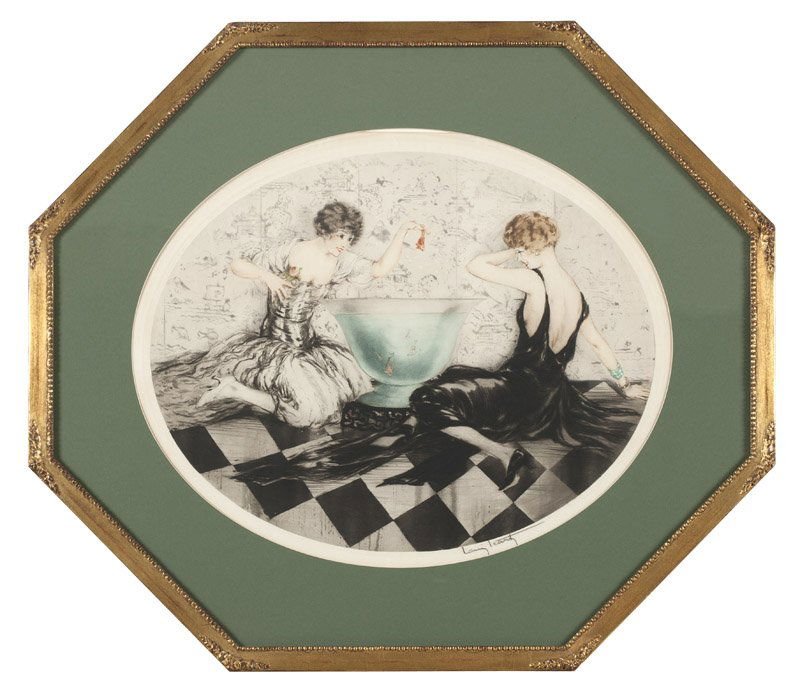 Louis Icart (1888-1950 French): ''Mischievous (Les Espiegles)'', 1927, signed in pencil lower right: Louis Icart, bears alternative title inscription in the lower right margin: The Gold Fish Bowl, with windmill embossed seal lower l