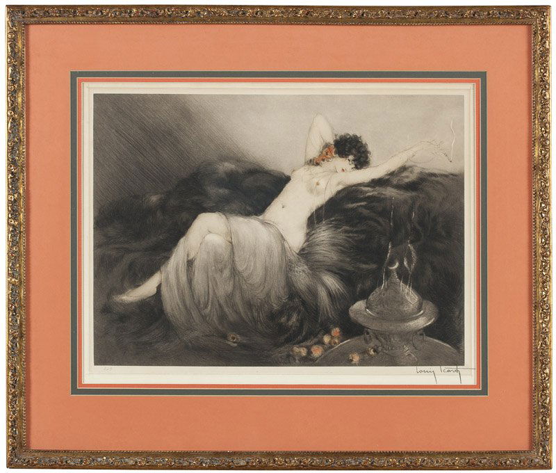 Louis Icart (1888-1950 French): ''Smoke (Fumee)'', signed in pencil lower right: Louis Icart, numbered in pencil lower left: 249, with windmill embossed seal lower left margin, and ''Copyright 1926 by les Graveurs Modernes,194 Rue d