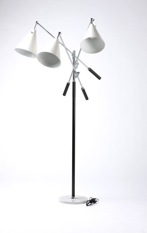 An Arredoluce 'Triennale' three-arm floor lamp: Circa 1960, marked to top of stem 'Made in Italy', marked to underside of base 'Made in Italy' and '8158', the three conical enameled metal shades on adjustable chrome-plated arms with leather-wrapped