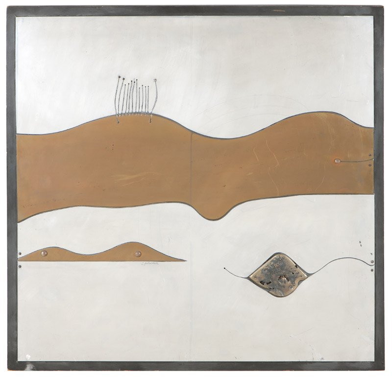 Charles Pebworth (1926-* Texas): ''Always Good For The Long Time'', abstract relief sculpture, signed center: C. Petworth, signed again and titled verso, mixed metals on board, 24.5'' H x 24.625'' W, est:$700/900