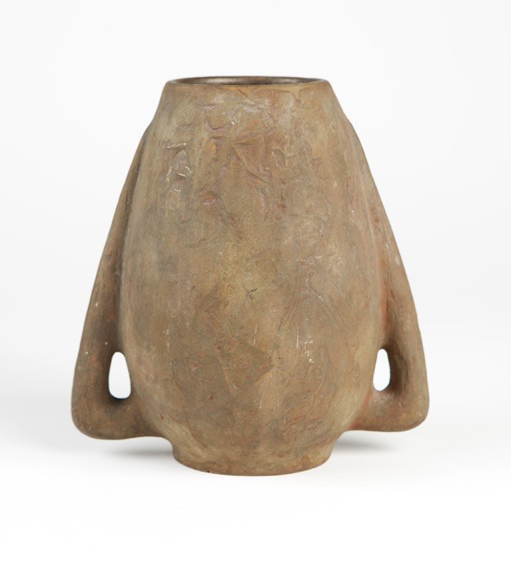 A Markham Pottery double-handled vase: Circa 1913 - 1921, National City, CA, incised to underside ''Markham'' and ''6985'', retains paper label ''Orr / Pictures - Frames / 1019 Fifth St / San Diego, Cal'', the ovoid body flanked by buttres