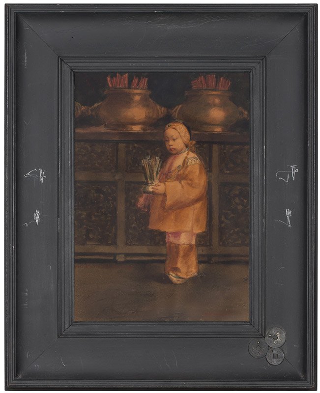 Esther Anna Hunt (1875-1951 Los Angeles, CA): Chinese girl holding a vase of flowers, signed and dated lower right: Esther Hunt 1903 and with copyright symbol, watercolor and gouache on black paper under glass, sight size: 11.75'' H x 8.25'' W, e