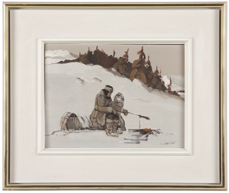 Serge Brunoni (1938-* Quebec, Canada / Africa): ''Le Repas'', Inuit figure in a winter landscape preparing a meal by a fire, signed lower right: S. Brunoni, signed again, with a partially indistinct title in French and dated verso: 1983, oil on boa