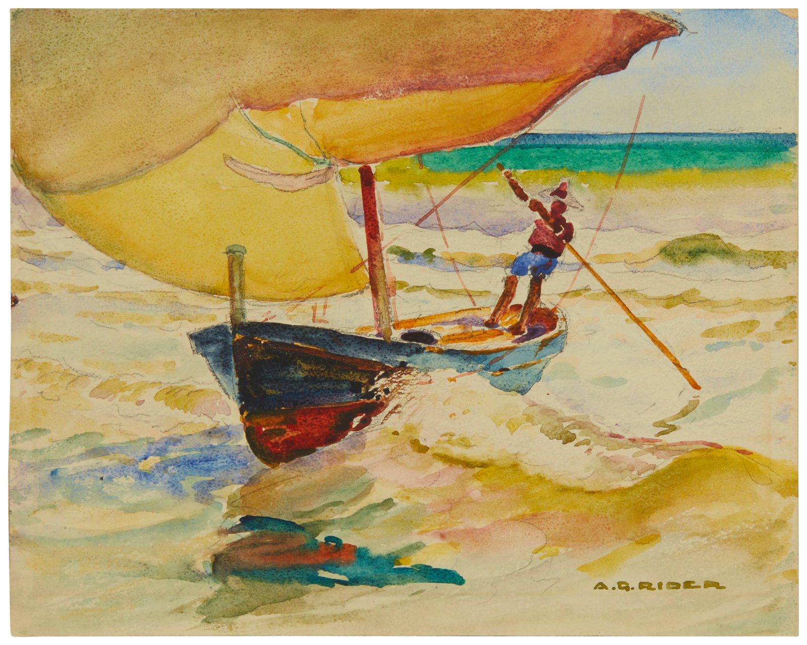 Arthur Grover Rider (1886-1975), ''Balancing the Sail'': Arthur Grover Rider(1886-1975)''Balancing the Sail''Watercolor and traces of graphite on thin paperboardSigned lower right: A.G. Rider; titled by repute8" H x 10" W Provenance:Sold: Bu