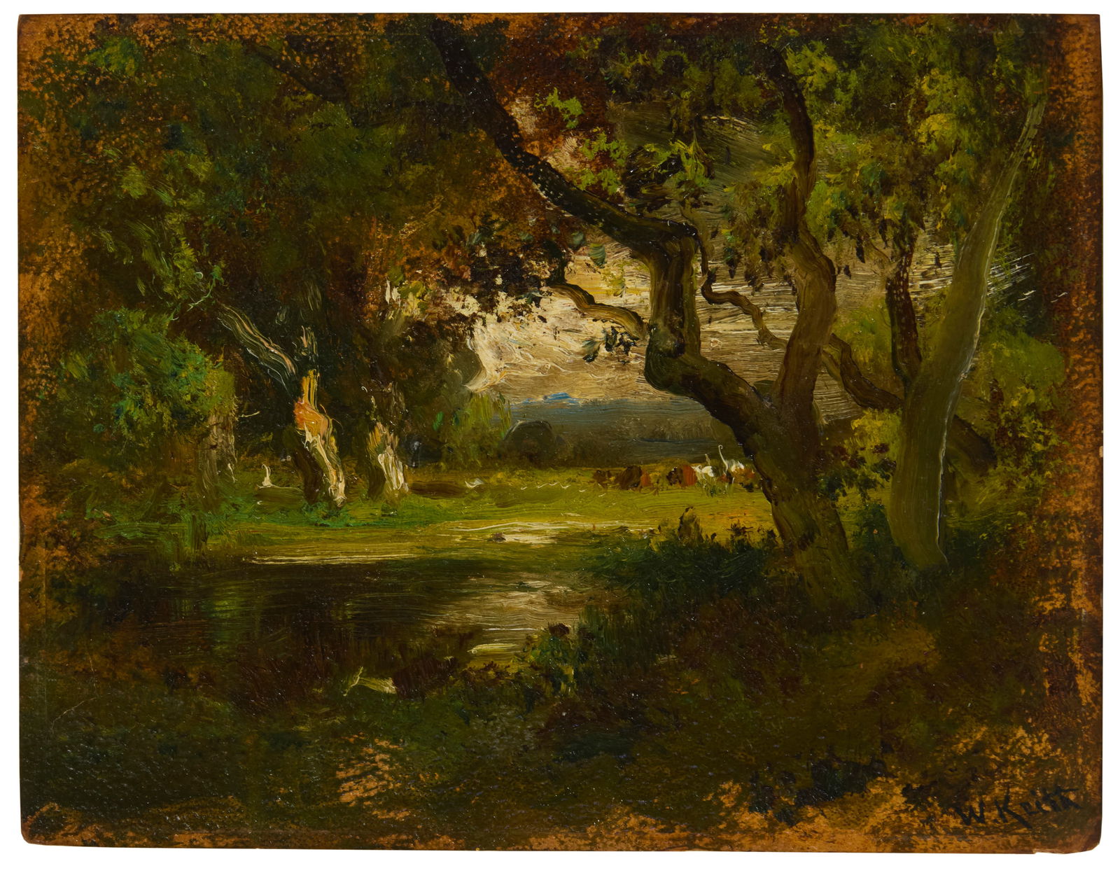 William Keith (1838-1911), Cows grazing in a forest: William Keith(1838-1911)Cows grazing in a forestOil on boardSigned lower right: W. Keith7.125" H x 9.125" W Provenance:Mr. F. Hansen, The Potter, (possibly) Scotland, see verso inscription