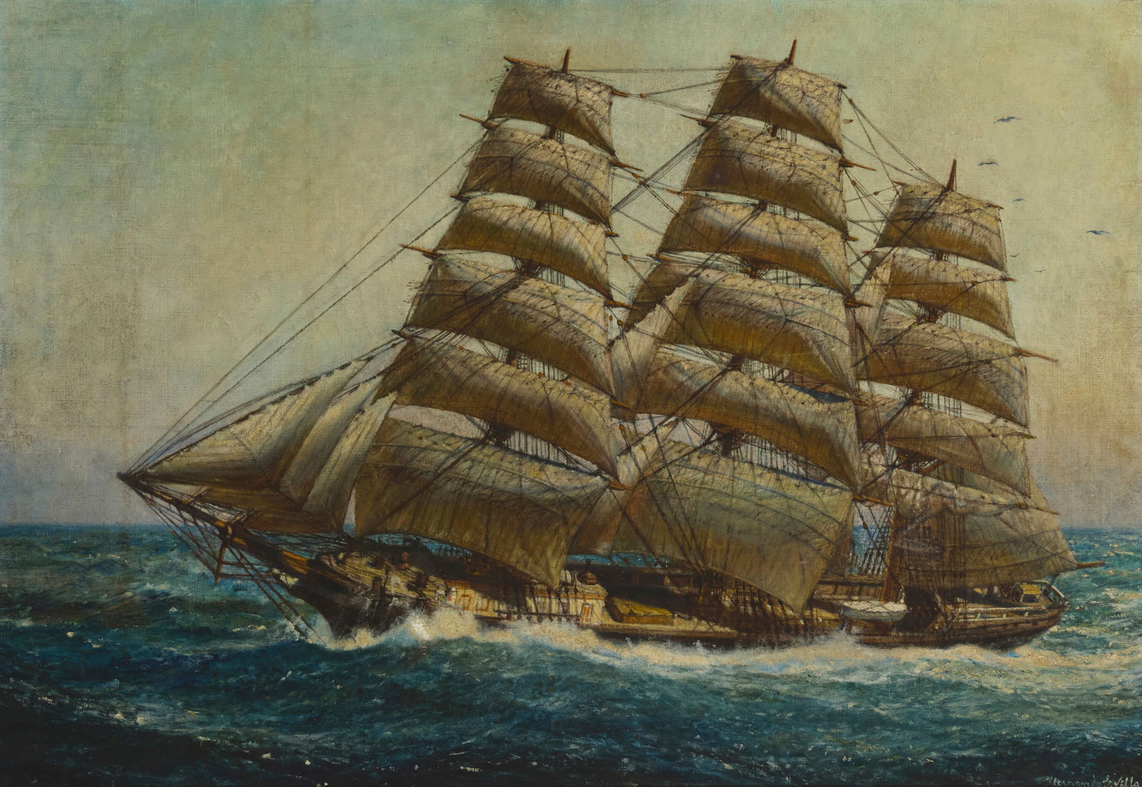 Hernando Gonzallo Villa (1881-1952), Clipper ship at sea: Hernando Gonzallo Villa(1881-1952)Clipper ship at seaOil on canvasSigned lower right: Hernando G. Villa30" H x 44" W Provenance:John A. Williams, Westmoreland, CAExhibited: