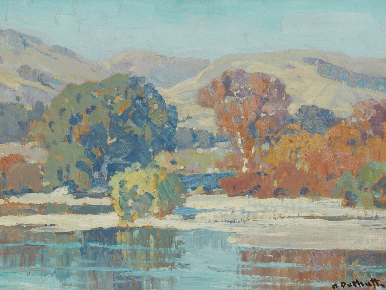 Hanson Duvall Puthuff (1875-1972), Stream through a California landscape: Hanson Duvall Puthuff(1875-1972)Stream through a California landscapeOil on canvas laid to artist's boardSigned lower right: H. Puthuff; numbered "#3930" and inscribed indistinctly in pencil