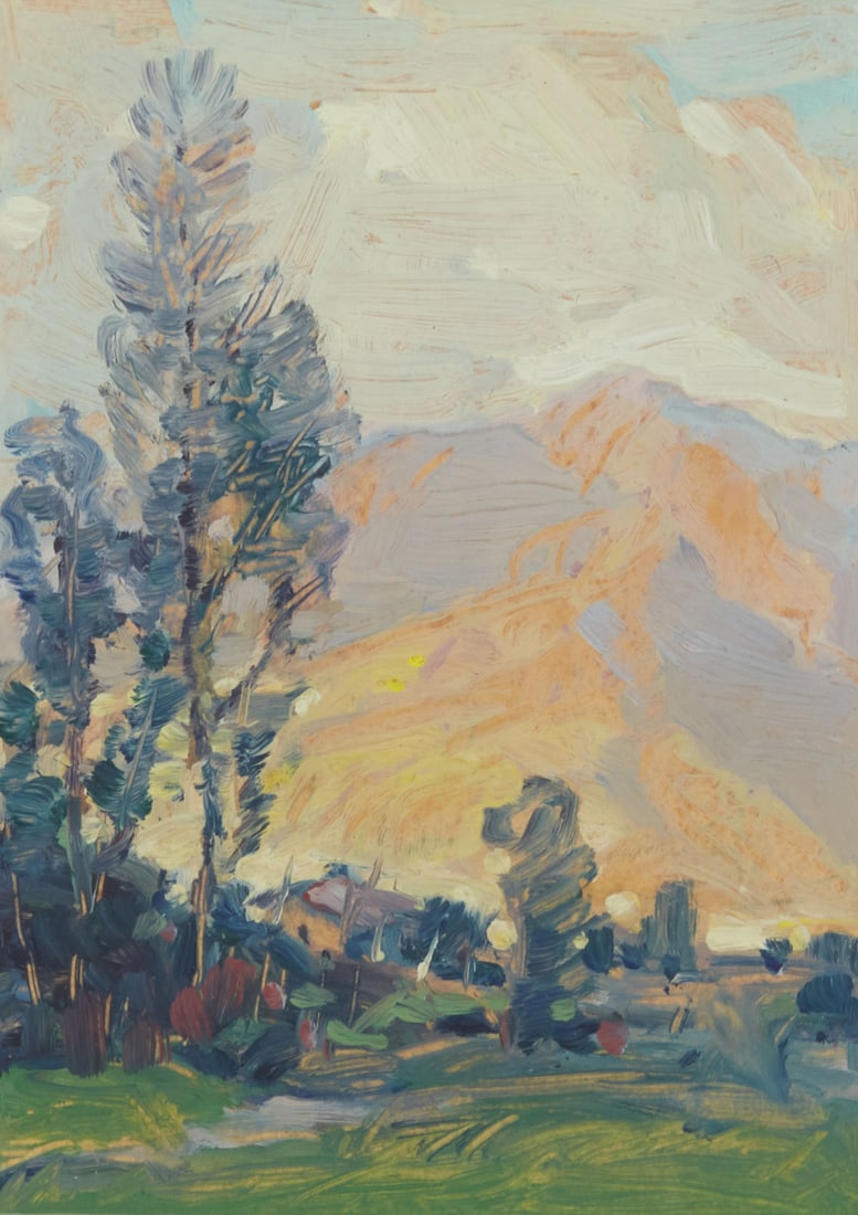 Hanson Duvall Puthuff (1875-1972), "Eucalyptus Landscape with House": Hanson Duvall Puthuff(1875-1972)"Eucalyptus Landscape with House"Oil on paperSigned and inscribed in pencil lower right: "For Mrs. A.S. Cowie / with compliments of Hanson Puthuff";