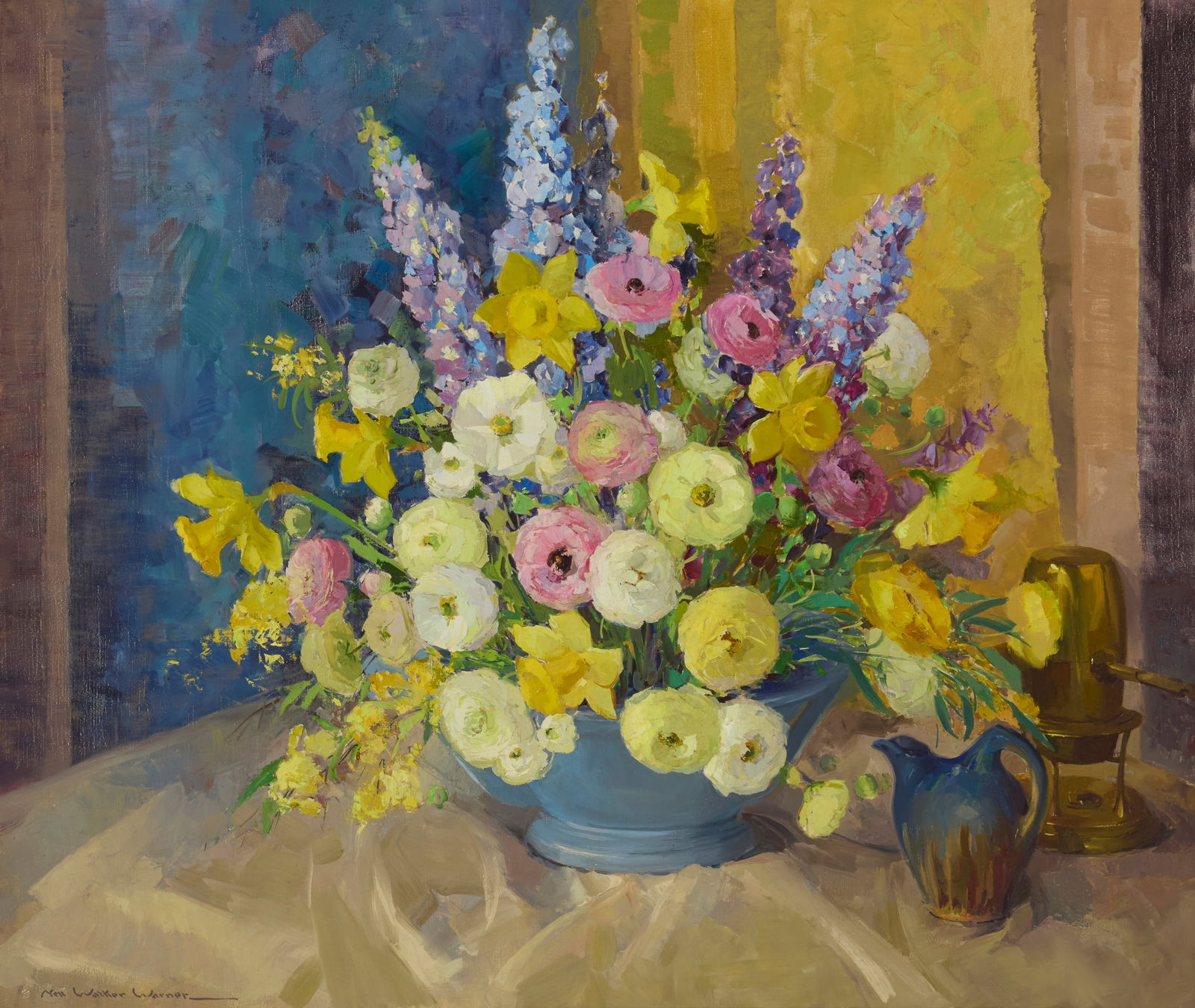 Nell Walker Warner (1891-1970), Floral still life in a blue vase: Nell Walker Warner(1891-1970)Floral still life in a blue vaseOil on canvasSigned lower left: Nell Walker Warner34" H x 40" W Provenance:Private Collection, Sacramento, California