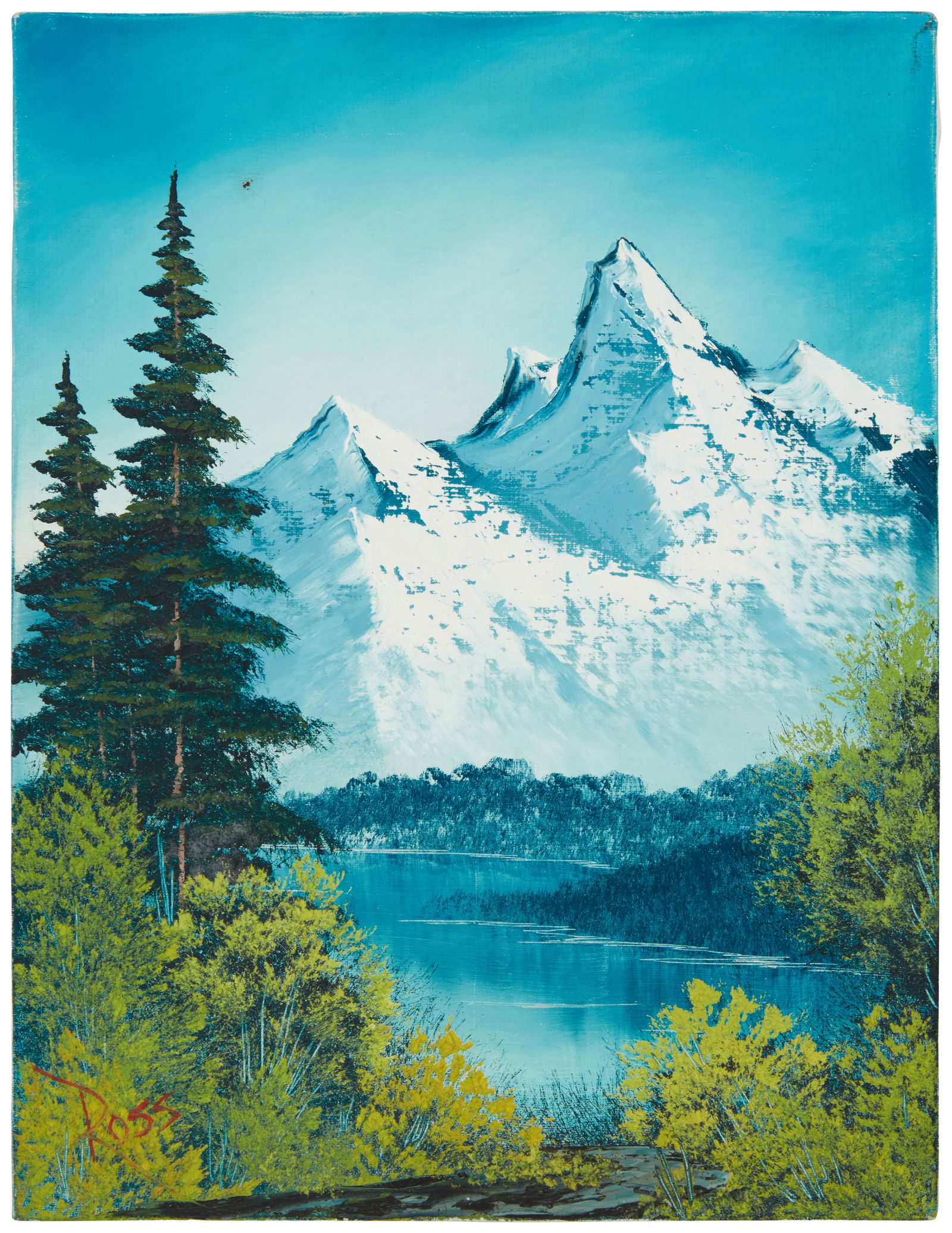 Bob Ross (1942-1995), Lake in a mountain landscape, circa 1989: Bob Ross(1942-1995)Lake in a mountain landscape, circa 1989Oil on canvasSigned lower left: Ross; with the hologram authentication seal, verso16" H x 12" W Other notes:The lot is accomp