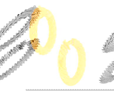 A Pair of Gold Hoops: A Pair of Gold Hoops Of a twisted gold design 2 pieces Measures: 1 1/4 in. 22.4 grams gross