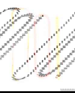 A Group of Multicolored Gemstone Jewelry: A Group of Multicolored Gemstone Jewelry Comprising a rainbow colored semiprecious natural gemstone necklace, a pink stone and gold-toned necklace, and a similar bracelet, each variously marked for