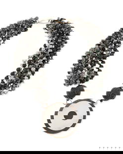 A Beaded Torsade Necklace: A Beaded Torsade Necklace A multi-strand collar necklace, with moss agate, snowflake jasper, and black tourmaline beads, with obsidian stone disc pendant and 9k gold setting and clasp, etched SBK to
