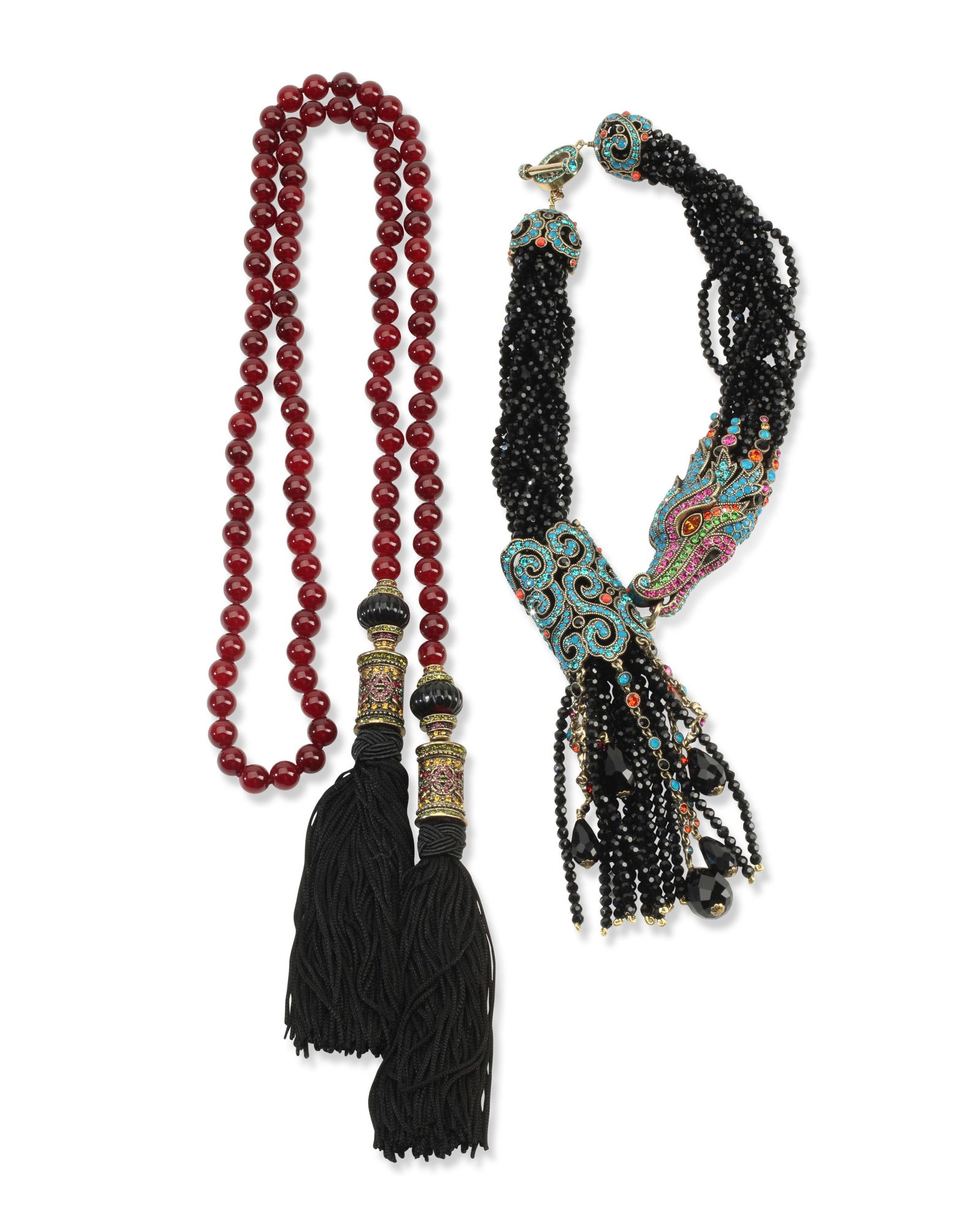 Heidi Daus: Two Vintage Bead and Tassel Necklaces: Heidi Daus: Two Vintage Bead and Tassel NecklacesFeaturing a single-strand red bead lariat necklace with rhinestone and silk tassels, as well as a multi-strand black crystal torsade choker necklace wi