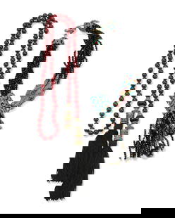 Heidi Daus: Two Vintage Bead and Tassel Necklaces: Heidi Daus: Two Vintage Bead and Tassel Necklaces Featuring a single-strand red bead lariat necklace with rhinestone and silk tassels, as well as a multi-strand black crystal torsade choker necklace