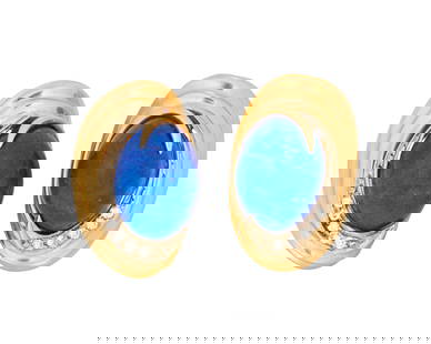 A Pair of Gold, Lapis Lazuli and Diamond Earrings: A Pair of Gold, Lapis Lazuli and Diamond Earrings Centering oval lapis lazuli cabochons accented by round diamonds 2 pieces Measures: 1in. 18.9 grams gross