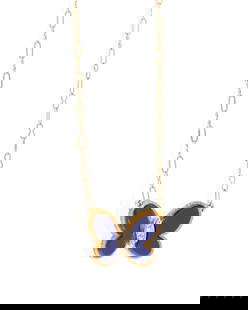 Hammerman Brothers: A 14K Gold and Lapis Lazuli Butterfly Necklace, 1971: Hammerman Brothers: A 14K Gold and Lapis Lazuli Butterfly Necklace, 1971 Of a butterfly design featuring lapis lazuli wings, centering three round diamonds, signed HB Length: 15 in. 4.0 grams gross
