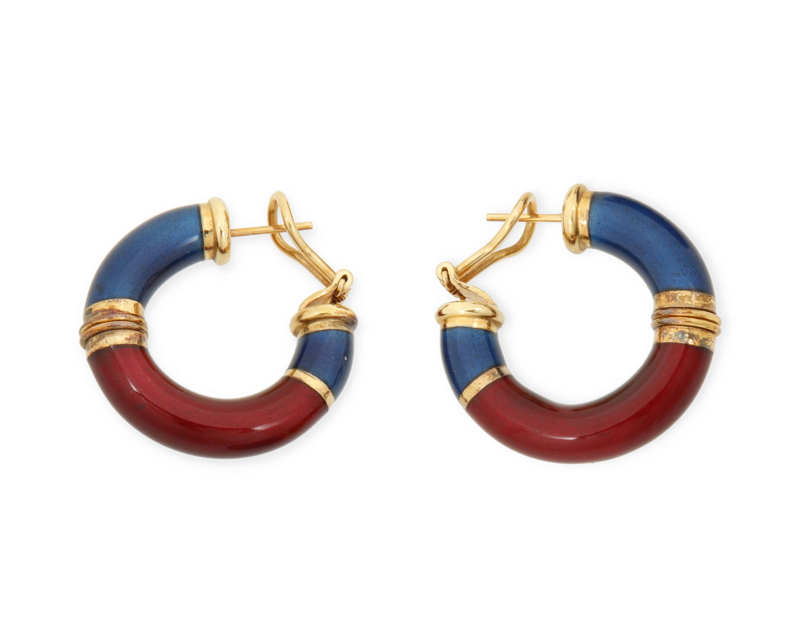 A Pair of Gold and Enamel Earrings: A Pair of Gold and Enamel Earringstogether with a pair of Italian 18k gold and red and blue enamel hoop earringsMeasures: 1 1/2 in.17.3 grams gross