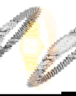 David Yurman: Silver and 18K Gold Watch: David Yurman: Silver and 18K Gold Watch Featuring a mother-of-pearl dial featuring Roman Numerals, encircled by round diamonds, set in an 18k gold mount, finished with a sterling silver twisted