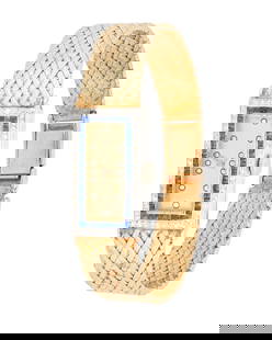 A Gold, Platinum, Sapphire and Diamond Watch: A Gold, Platinum, Sapphire and Diamond Watch Dial: 7.5mm, rectangular with dot hour markers Model: Audiget 17 jewels Case: 13.7 mm, with 14k woven gold strap Length: 6 in. 32.3 grams gross