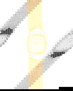 Cresaux: A 14K Gold and Sapphire Watch: Cresaux: A 14K Gold and Sapphire Watch Dial: 13.9mm,with baton hour markers Case: 16.21mm Case number:†033701 Closure: 14k woven gold strap, no.2727 Inner circumference:7 1/2 in. 38.0 grams gross