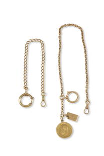 Two Vintage Gold Chain Watch Fobs: Two Vintage Gold Chain Watch Fobs Comprising two 14K yellow gold chain watch fobs with clasps, one with monogrammed tag and gold coin charm dating 1899, each variously marked for gold 2 pieces 