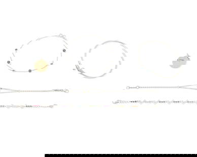A Group of Bi-Color Gold and Gem-Set Jewelry: A Group of Bi-Color Gold and Gem-Set Jewelry Including an 18K White Gold and Blue topaz cuff, an 18K white gold and sapphire flower bracelet, an 18K white gold and blue sapphire ball link bracelet, a