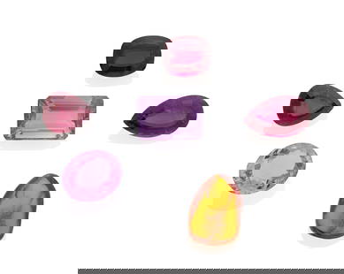 A Group of Loose Gemstones: A Group of Loose Gemstones Including three rubellite tourmalines, two amethysts and one amber bead weighing approximately 31.65 carats total