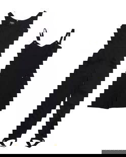 CHANEL: Two Vintage Boutique Jumpsuits: CHANEL: Two Vintage Boutique Jumpsuits Circa 1990s Each labeled: Chanel Boutique Two works: A fitted black shorts jumpsuit, in a fine pique weave, likely wool, with narrow buttoned straps, two