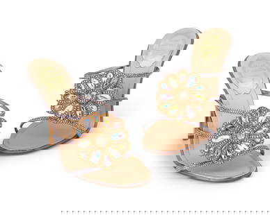 Rene Caovilla: A Pair of Floral Crystal Stiletto Sandals: Rene Caovilla: A Pair of Floral Crystal Stiletto Sandals Circa 2000s; Italy A pair of glittery lavender crystal-embellished high heeled mules with central diamante flower, leather soles and