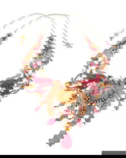 Barbara Natoli Witt: A Pearl and Gold Bead Cavandoli Macrame Necklace: Barbara Natoli Witt: A Pearl and Gold Bead Cavandoli Macrame Necklace Designed with elaborate grey and metallic gold and red cord knotwork with multiple bird motifs featuring a central 18k gold