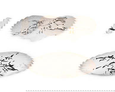 Antonio Pineda: Two Mexican Silver Lascaux-motif Buckles: Antonio Pineda: Two Mexican Silver Lascaux-motif Buckles Antonio Pineda (1919-2009) Circa 1953-1979; Taxco, Mexico Each with crown mark for Antonio Pineda; further variously stamped: [Eagle 17] /